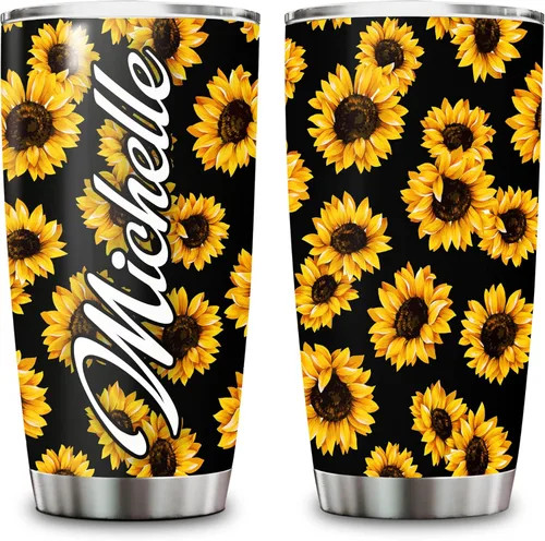 Hyturtle Regalos personalizados para los amantes del girasol, cumpleaños, Navidad, vaso de acero inoxidable con nombre personalizado, 20 onzas con