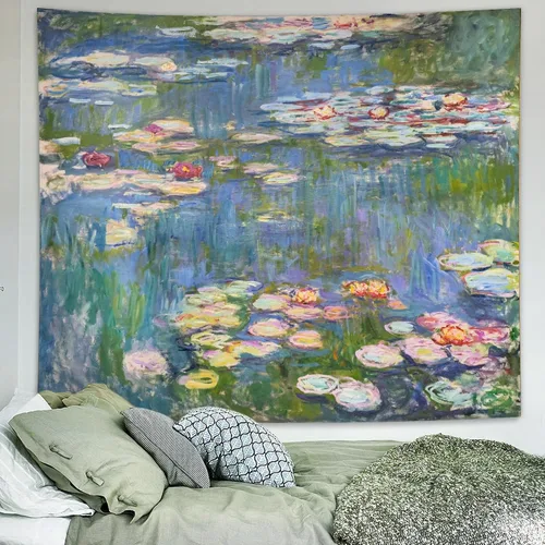 Avinyl Monet - Tapiz de pared de lirio de agua, póster artístico de plantas florales verdes para dormitorio, niñas, niños, pequeño estanque de