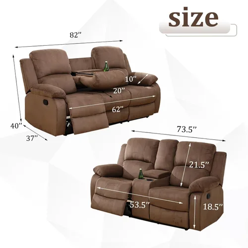 Vista 17 de Juego de sofá reclinable para sala de estar, juego de muebles de 2 piezas, sofá reclinable de 3 asientos y sofá biplaza con portavasos y consola