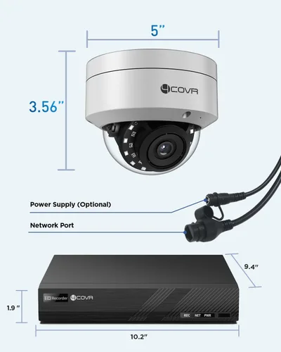 Vista 9 de Sistema de cámara de seguridad PoE 4COVR, 4 piezas de 5MP IK10 Cúpula IP PoE a prueba de vandalismo con micrófono, detección de humanos y vehículos