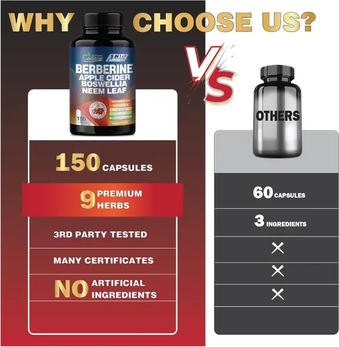 Vista 4 de Organic Cadane Suplemento de berberina 150 cápsulas, con hoja de neem, vinagre de sidra de manzana, VIT D3, E y más, extracto de berberina, apoyo