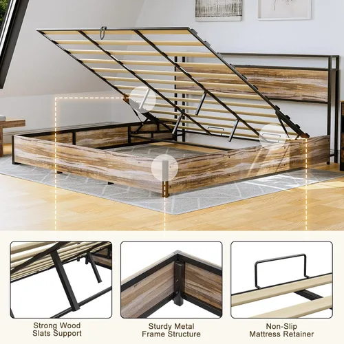 Vista 16 de IKIFLY Cama de almacenamiento elevable tamaño King con estación de carga, marco de cama de metal King con cabecera de estante de almacenamiento