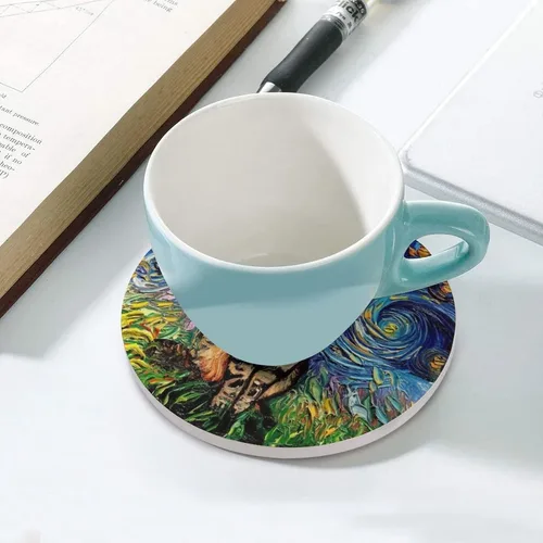 Vista 5 de Van Gogh - Juego de 4 posavasos abstractos de cerámica de diatomita absorbentes con base de corcho, protección de mesa, adecuados para mesas