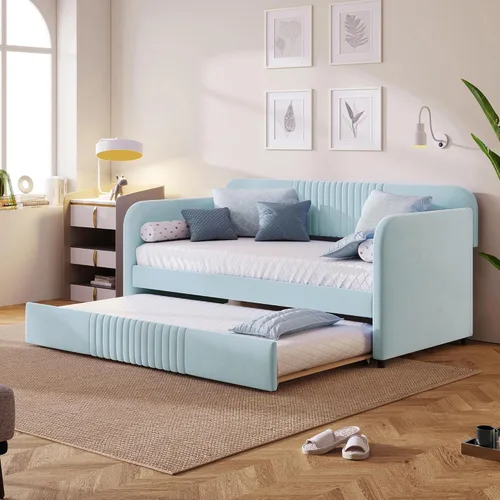 Vista 11 de Harper & Bright Designs Sofá cama tapizado tamaño individual con cama nido y listones de madera, beige