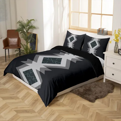 Vista 2 de Feelyou Black Gray Aztec Duvet Cover Twin Size Boys Girls Western Decor Bedding Set Breathable Soft Boho Style Comforter Cover 2Pcs Bohemian Bedroom