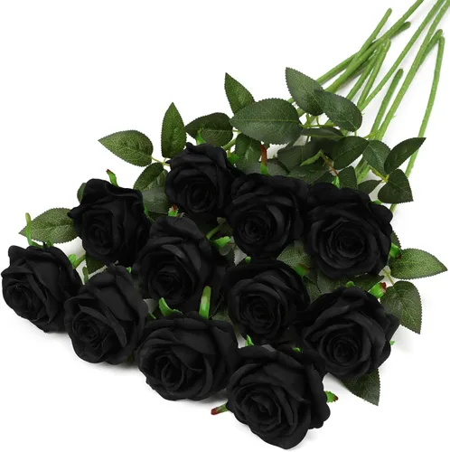 Vista 7 de Rosas artificiales negras – 10 piezas de rosas artificiales falsas de seda con tallos para decoración del hogar, boda, hotel, oficina, centro de mesa