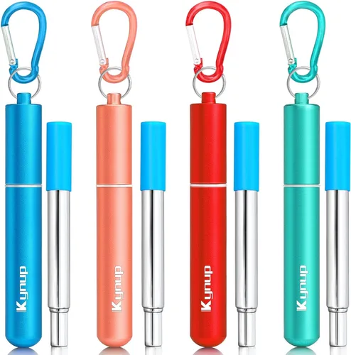 Vista 10 de Kynup Paquete de 4 popotes reutilizables, pajitas de metal con piezas de silicona, popotes de viaje con estuche, llavero, cepillos de limpieza