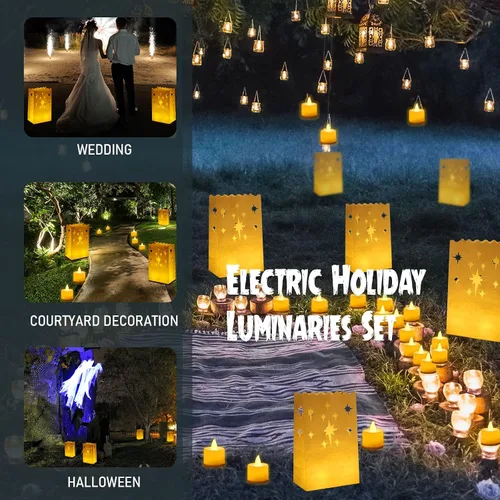 Vista 3 de Sabary Juego de 100 bolsas luminarias con velas sin llama, velas de Navidad sin llama con luminarias, bolsa de vela LED para Navidad, cumpleaños