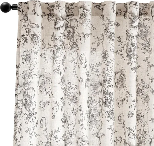 Vista 8 de Jinchan - Cortinas de lino floral de 96 pulgadas de largo para sala de estar, 2 paneles Negro sobre beige