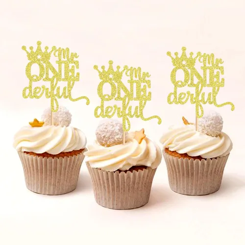 Vista 5 de Ercadio Paquete de 24 coronas de Mr Onederful para cupcakes, corona dorada con purpurina, una corona de príncipe para el primer cumpleaños