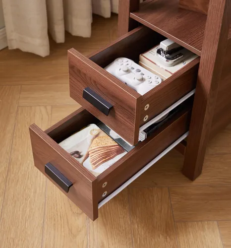 Vista 6 de Wood End Table Side Table Nightstand with 2 Drawer & USB Ports & Outlets 11.81in-brown