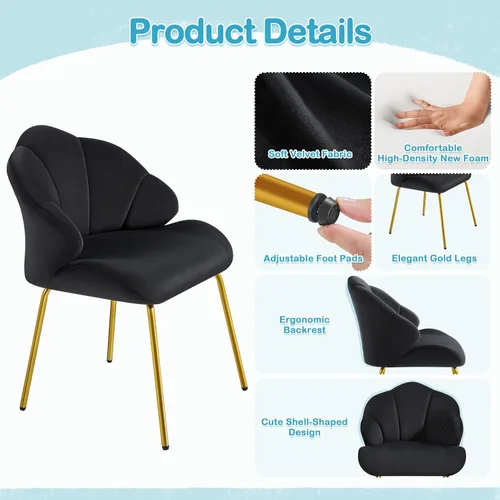 Vista 5 de Yaheetech Silla de tocador, silla decorativa de terciopelo con respaldo en forma de concha, sillón moderno con patas de metal dorado para Negro