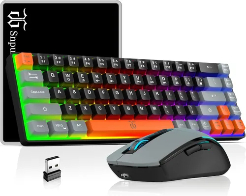 Vista 10 de Combinación de teclado y ratón inalámbricos para juegos Snpurdiri 60%, batería recargable con retroiluminación LED de 2000mAh, teclado de membrana