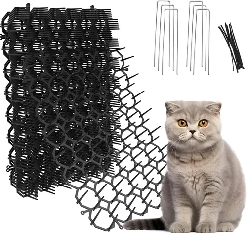 Tapete de 8.5 x 6.5 pulgadas para gatos con 6 grapas de jardín y 6 lazos, paquete de 12 alfombrillas disuasorias para gatos para valla de jardín y