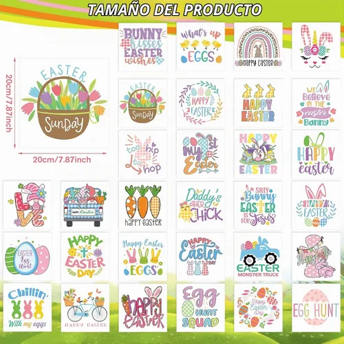 Vista 2 de Perthlin 30 Piezas de Transferencias con Plancha para Pascua, Diseño de Conejo y Huevo, Transferencias Térmicas de Pascua, Listos para Planchar