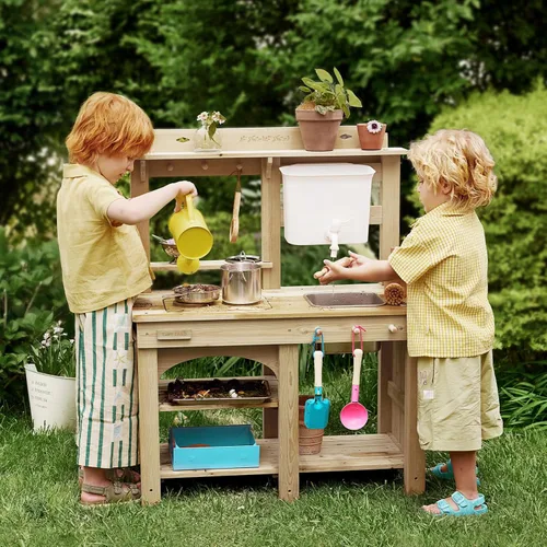 Vista 16 de Tiny Land Cocina de barro al aire libre para niños, cocina de madera con tanque de agua, juego de agua y cocina, diversión sensorial, resistente a