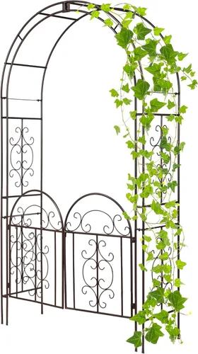 Vista 4 de Estructura de arco de jardín al aire libre de metal de Plow & Hearth, de 84 pulgadas de alto, entramado de celosía de hierro para plantas Rojo