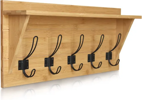 Vista 11 de HBCY Creations Perchero de pared de madera maciza color marrón rústico con estante, 5 ganchos, 24 pulgadas de largo, cocina, vestíbulo, entrada