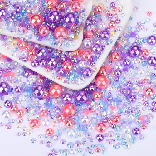 Vista 15 de 60g Perlas de Plata Gris y Diamantes de Imitación para Manualidades Tamaño Mixto 3mm-10mm Color AB Perlas Redondas Mitad Planas y Diamantes