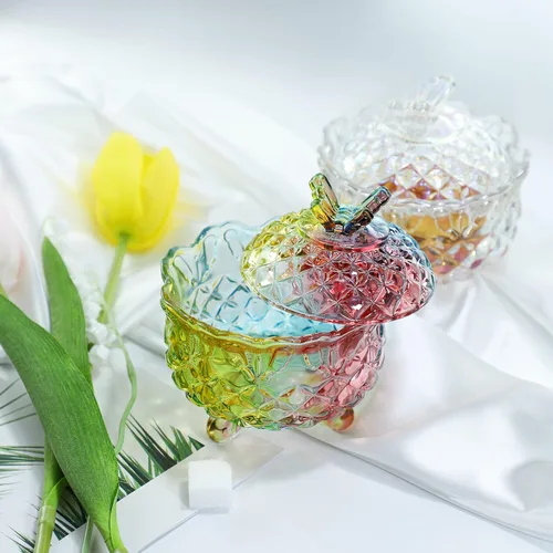 Vista 3 de SOCOSY Royal - Caja de dulces de cristal en relieve con tapa, joyero con pies, tarro de galletas, tarro de galletas, dulces de boda, tarros de bufé