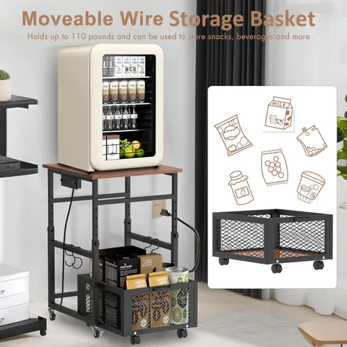 Vista 5 de Mini soporte para refrigerador con almacenamiento, altura ajustable para refrigerador pequeño con ruedas, estación de carga, mesa auxiliar