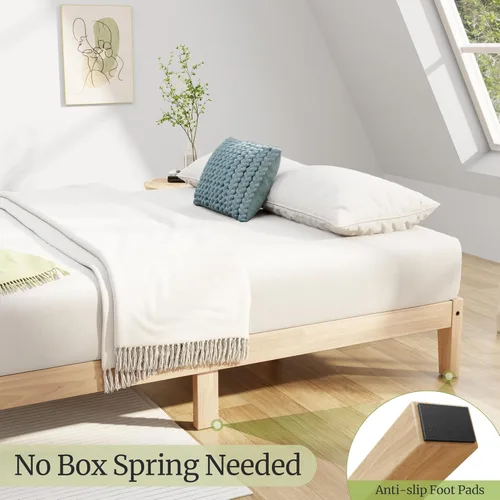 Vista 3 de Awesofurni Base de cama individual, plataforma de madera maciza de 12 pulgadas con listones de madera, marco de cama de madera con acabado natural