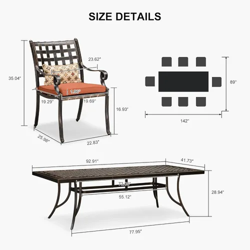 Vista 7 de PURPLE LEAF Juego de comedor de 9 piezas de muebles de aluminio fundido con mesa rectangular para césped, jardín, patio trasero, terraza