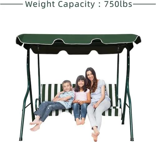 Vista 6 de Silla de columpio con toldo de 3 plazas, asiento acolchado impermeable para exteriores con toldo ajustable y extraíble, marco de acero, tela