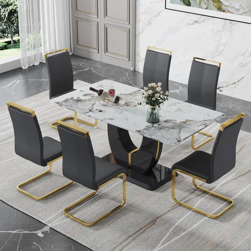 Vista 42 de JUFU Juego de mesa de comedor moderno para 4, juego de mesa de cocina rectangular de 63 pulgadas con mesa de mármol sintético y 4 sillas tapizadas