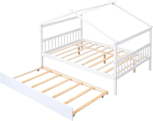 Vista 130 de Merax Cama de madera de tamaño individual con dos cajones, marco de cama de madera con techo para niños, adolescentes, niños o niñas, gris