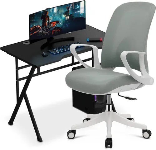 Magshion Juego de escritorio y silla, silla de oficina ergonómica de malla con soporte lumbar y brazos abatibles y escritorio de computadora, diseño