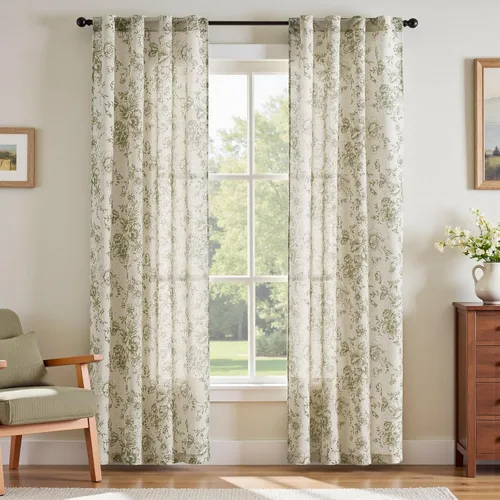 Vista 60 de JINCHAN Cortinas de mezcla de lino con flores para sala de campo francés, cortinas para sala de estar de 84 pulgadas de largo, cortinas impresas