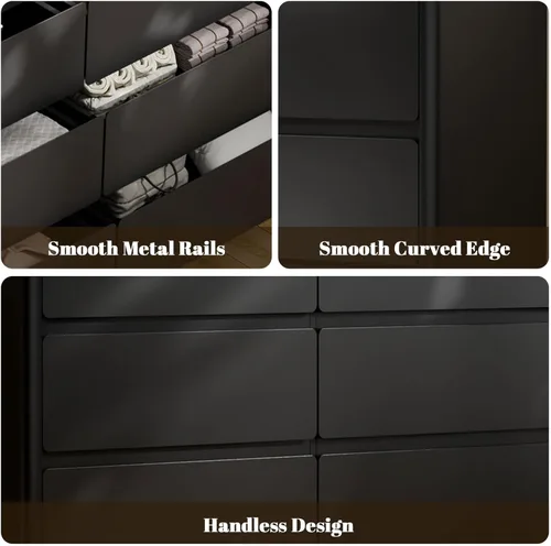 Vista 6 de Cómoda de 9 cajones para dormitorio, cómoda negra de 63 pulgadas de largo con estación de carga y luces LED, diseño curvado anticolisión, gabinete