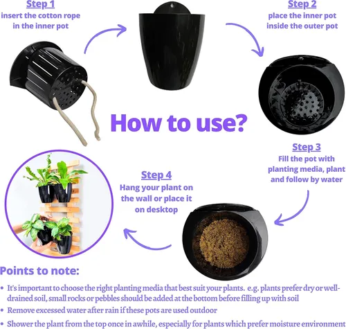 Vista 5 de ShopLaLa Paquete de 10 macetas de plástico con riego automático de 5 pulgadas + macetas colgantes de madera blanca verticales montadas en la pared