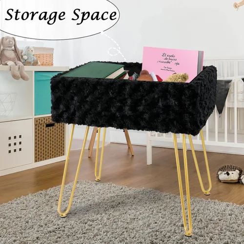 Vista 6 de Taburete de tocador de piel sintética con almacenamiento, taburetes de maquillaje para tocador, otomana suave, 4 patas de metal con pies