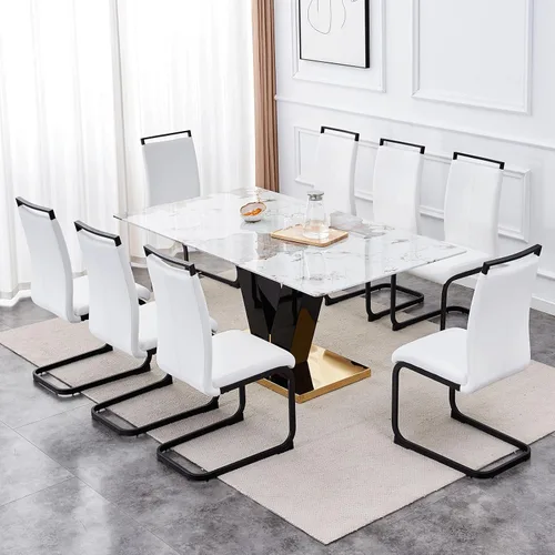 Vista 9 de gopop Juego de mesa de comedor para 8, moderno juego de mesa de comedor de mármol de 71 pulgadas, mesa rectangular grande de vidrio y 8 sillas