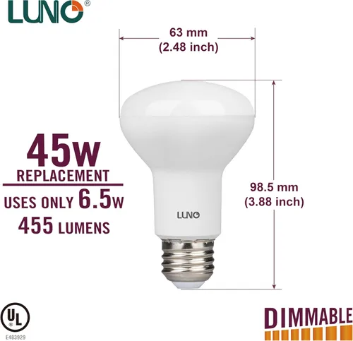 Vista 3 de LUNO Bombilla LED regulable R20, 6.5 W (equivalente a 45 W), 455 lúmenes, 2700 K (blanco suave), base media (E26), certificación UL (paquete de 4)