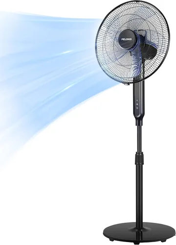PELONIS Ventilador de pie oscilante de 16 pulgadas | Altura ajustable | Motor DC ultra silencioso | Control remoto | 12 velocidades | Temporizador
