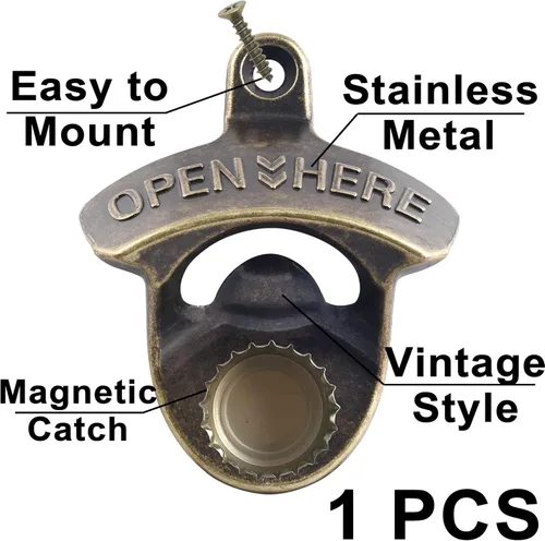 Vista 2 de Abridor de tapas de botellas montado en la pared de bronce antiguo con imanes, soporte de poste magnético retro para abridor de botellas