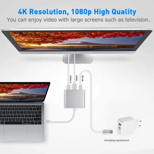 Vista 2 de Battony Adaptador USB C a HDTV, convertidor AV multipuerto tipo C con salida HDTV 4K, puerto C y puerto de carga rápida 3.0, compatible con MacBook