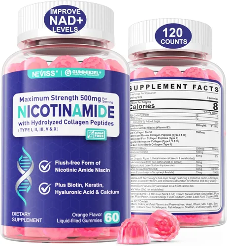 Vista 10 de NEVISS Gomitas de nicotinamida de 500 mg, suplemento de niacinamida con péptidos de colágeno, (niacina sin rubor) vitamina B3 niacinamida