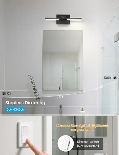 Vista 4 de NIORSUN Lámpara de baño moderna de 15.7 pulgadas, 20 W, 5CCT, regulable, luces LED negras sobre el espejo, luces de tocador para baño, espejo