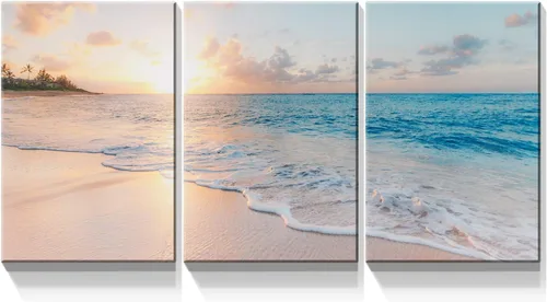 Denozer Lienzo de playa de 3 paneles para pared, diseño de mar azul, puesta de sol, pintura de playa blanca, 12 x 16 pulgadas, imágenes de pared