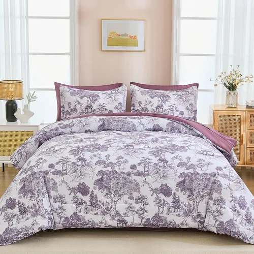 Vista 18 de DJY Juego de edredón de cama Queen en negro, 7 piezas de edredón negro y blanco tamaño Queen con elegante impresión de plantas botánicas