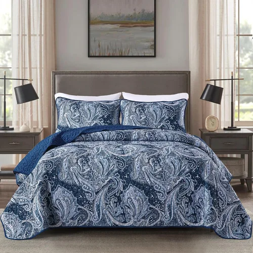 Vista 17 de DJY Juego de edredón de paisley azul marino, tamaño individual, juego de colcha y cubrecama boho de 3 piezas, microfibra suave y ligera, ropa