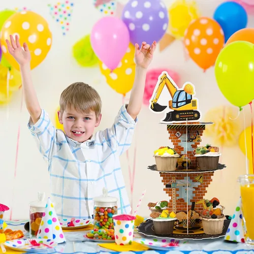 Vista 7 de Tiamon Decoraciones de cumpleaños de construcción de 3 niveles con tema de construcción, soporte para cupcakes, camión volquete de cartón, soporte