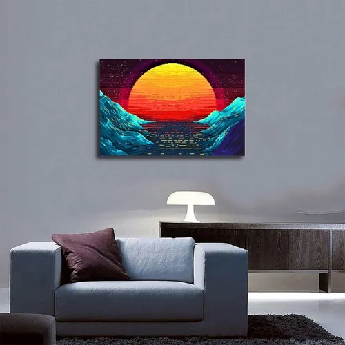 Vista 5 de Original Retro Wave at Sunset Painting Art on Canvas, Magical Sun Printing Canvas Sets, Pixeles Graphics Canvas Wall Art Print Poster For Home