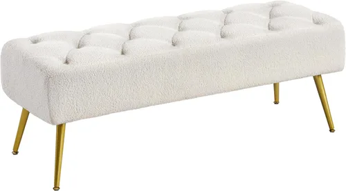 Vista 11 de Yaheetech Otomanas negras de 45 pulgadas, banco de terciopelo para el extremo de la cama, reposapiés otomano con patas doradas para sala de estar