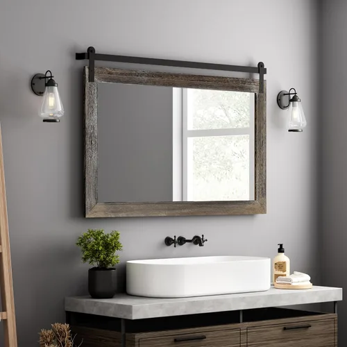 Vista 22 de COGOOD Espejo de puerta de granero de granja, 25 x 18 pulgadas, espejo decrativo con marco de madera rústica para baño, sala de estar, decoración