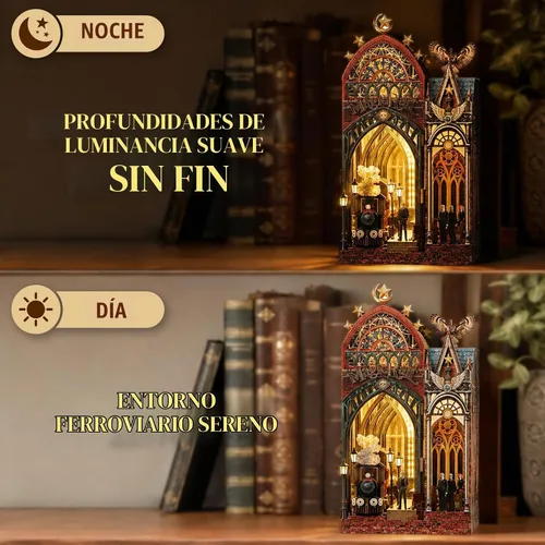 Vista 6 de Rompecabezas de madera 3D, kit de rincón de libros, estación de tren mágico con luces LED y música, kits de rompecabezas de madera en miniatura